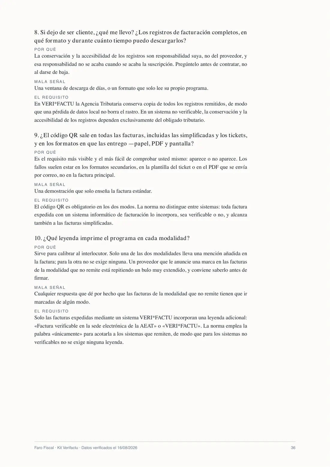 Página del kit con tres preguntas para el proveedor de software. Cada pregunta lleva debajo tres apartados: por qué se pregunta, qué respuesta debería encender una alarma y qué exige la norma. Al pie de la página, la fecha en que se verificaron los datos y el número de página.